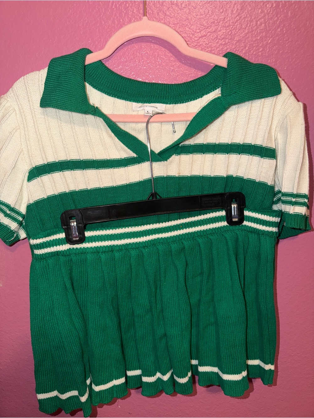 Green and White Striped Knit Polo Top
